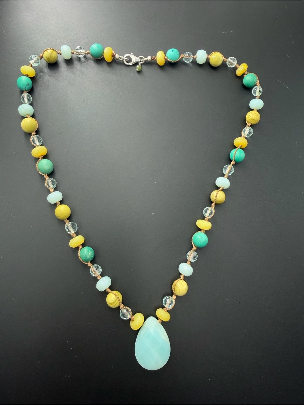 Sterling Silver 925 Multi-gemstone Beaded Teardrop Pendant Necklace 18"